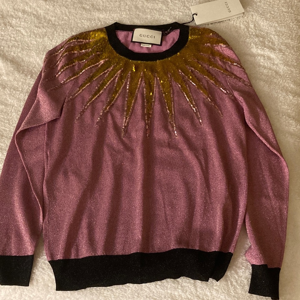 FLASH SALE, Gucci Pink Metallic and Gold Sequin Starburst Sweater Authentic